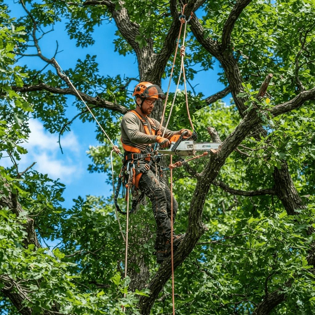 Arborist climbing a tall tree with safety ropes and gear