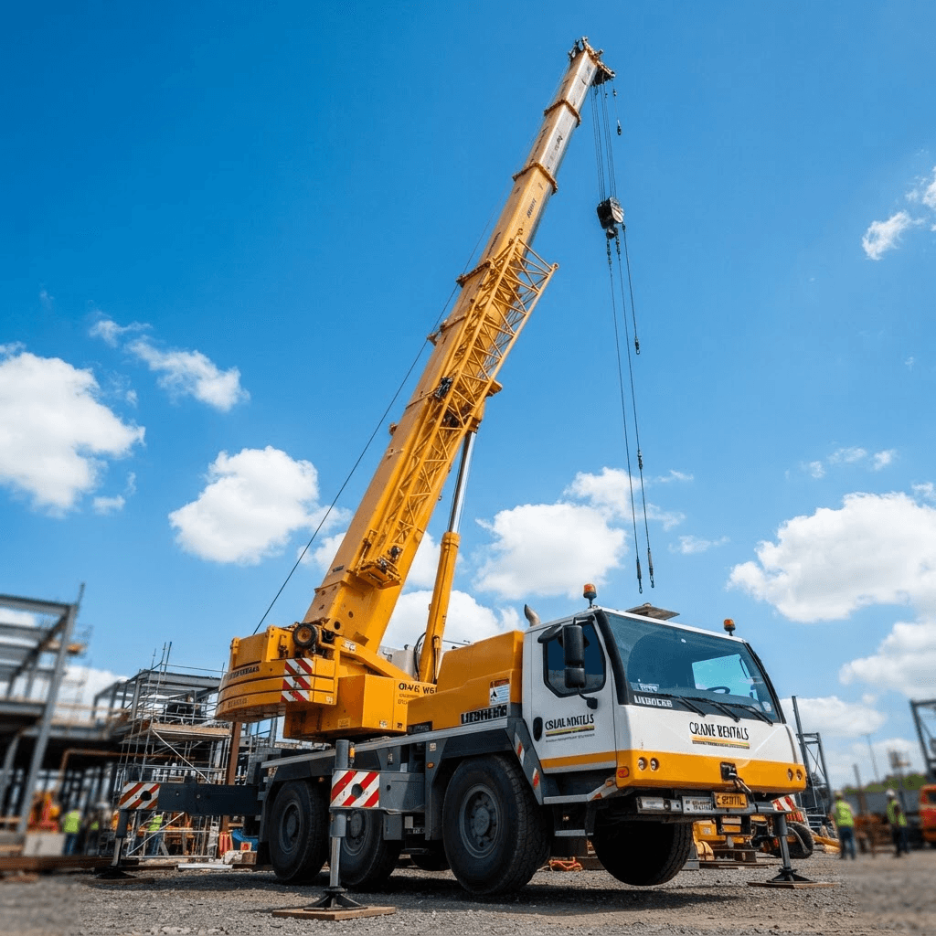 Mobile hydraulic crane with boom raised against a blue sky
