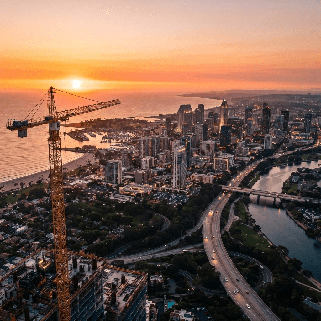 Aerial view of a coastal city skyline at sunset with a construction crane