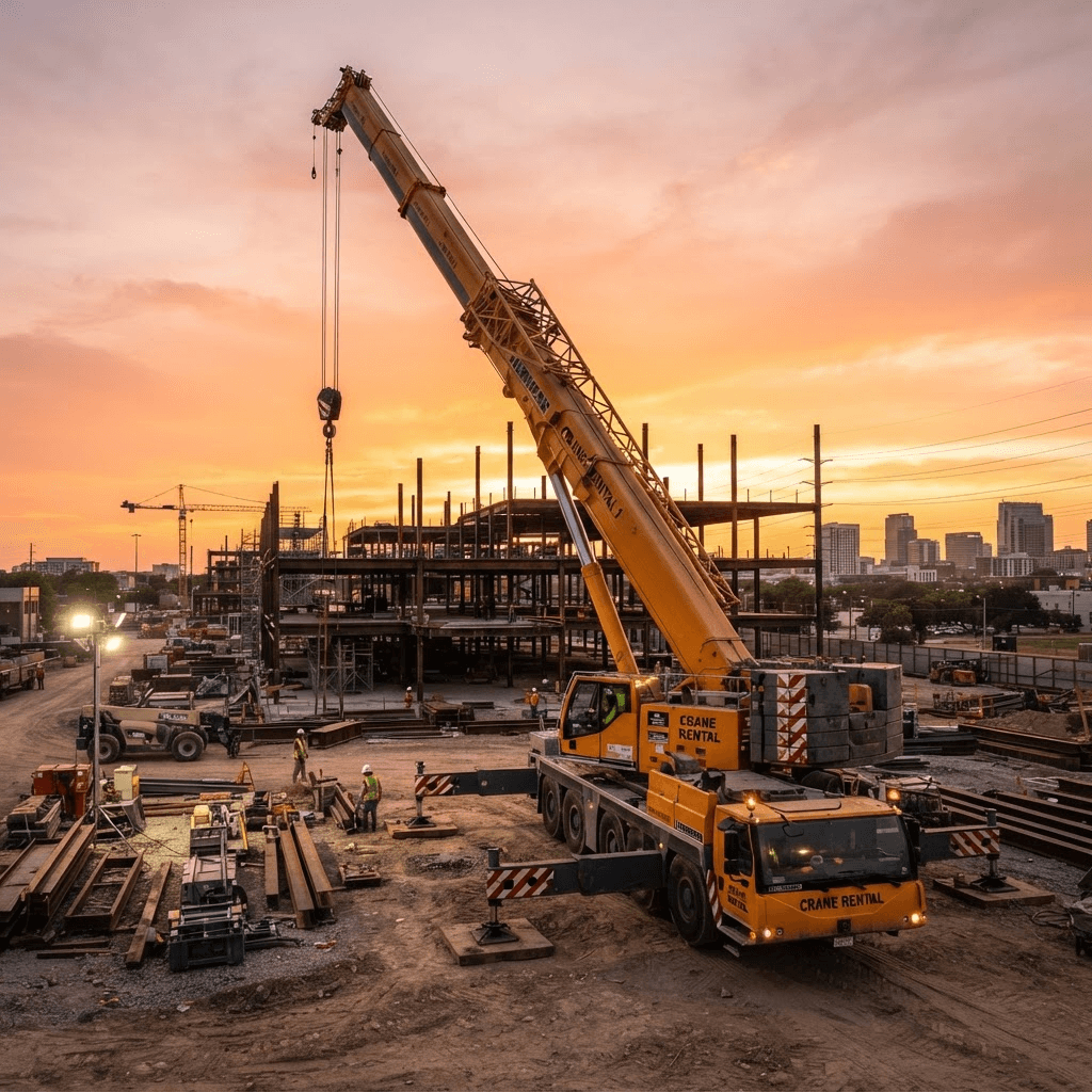 Mobile crane truck set up at a job site at sunset