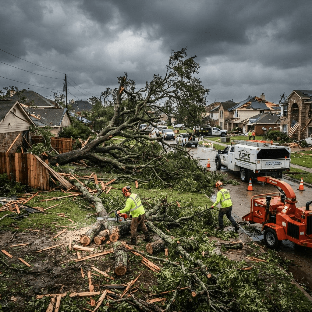 Storm damage cleanup with fallen tree debris