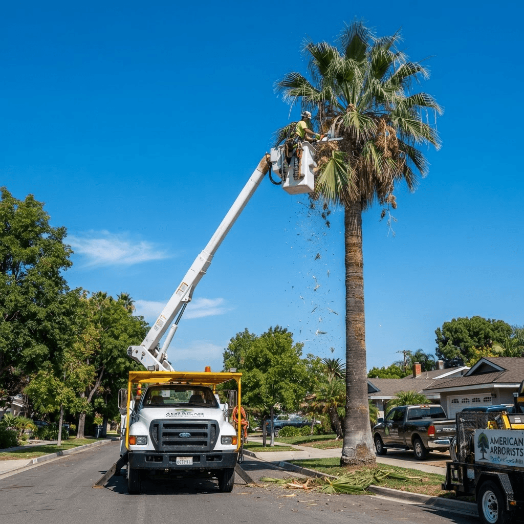 Bucket truck trimming a tall palm tree