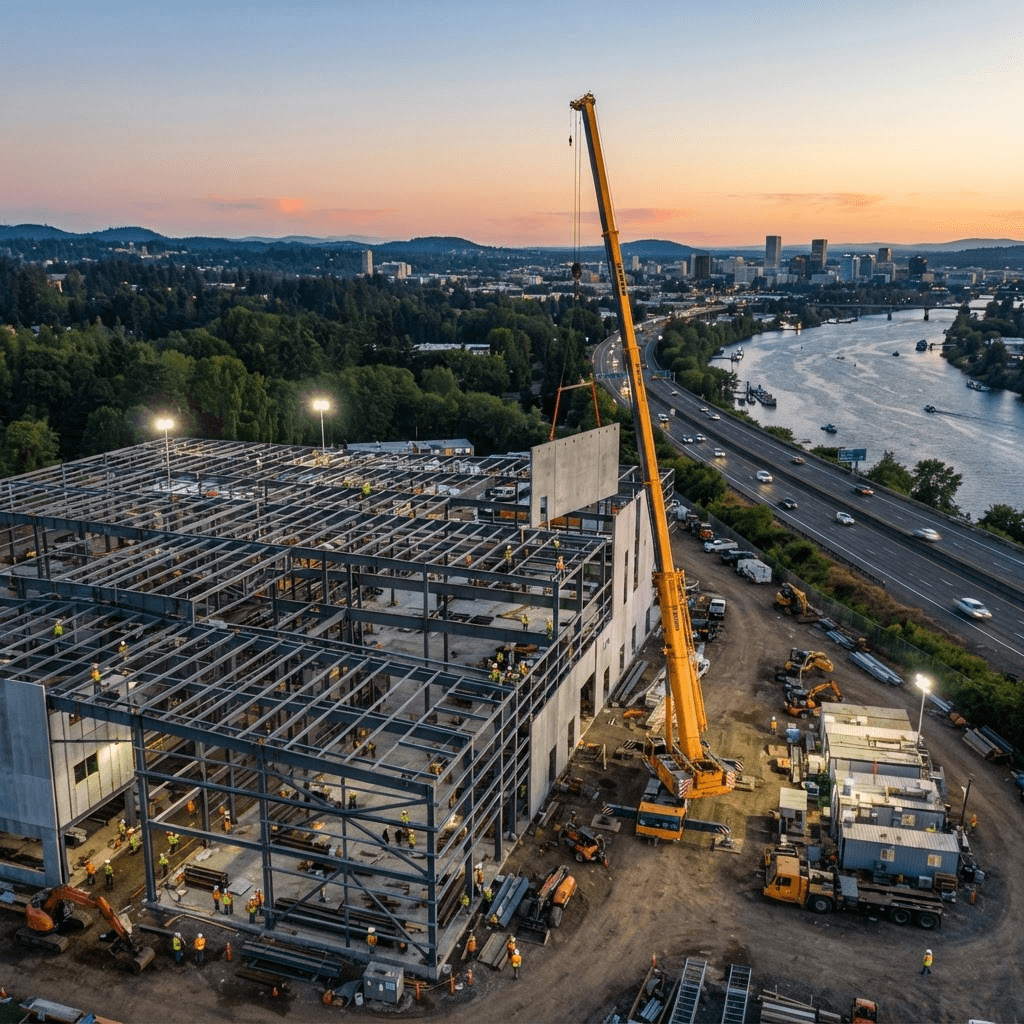 Aerial view of a steel building framework under construction with a crane at dusk
