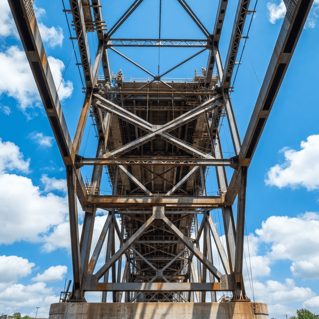 Steel bridge structure under construction against a blue sky